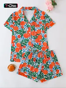 Women's All Over Print Pajamas Set, Button-up Short Sleeve Top & Elastic Shorts, Comfortable Summer Loungewear, Lightweight Sleepwear, Lady Elegant Nightwear, Womenswear, Casual Pajama Sets, Floral Pajama Sets