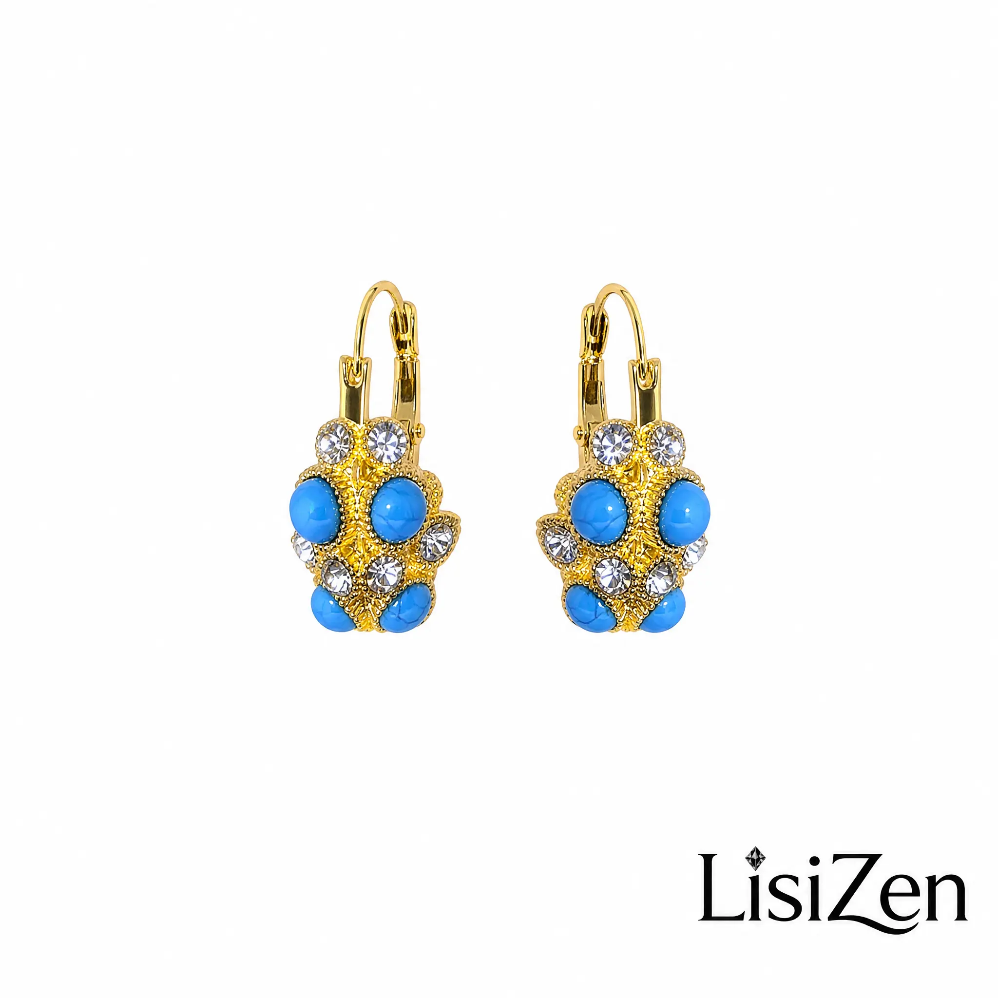 LisiZen Retro Blue Turquoise-Tone Flower Basket Huggie Earrings DZEH6308