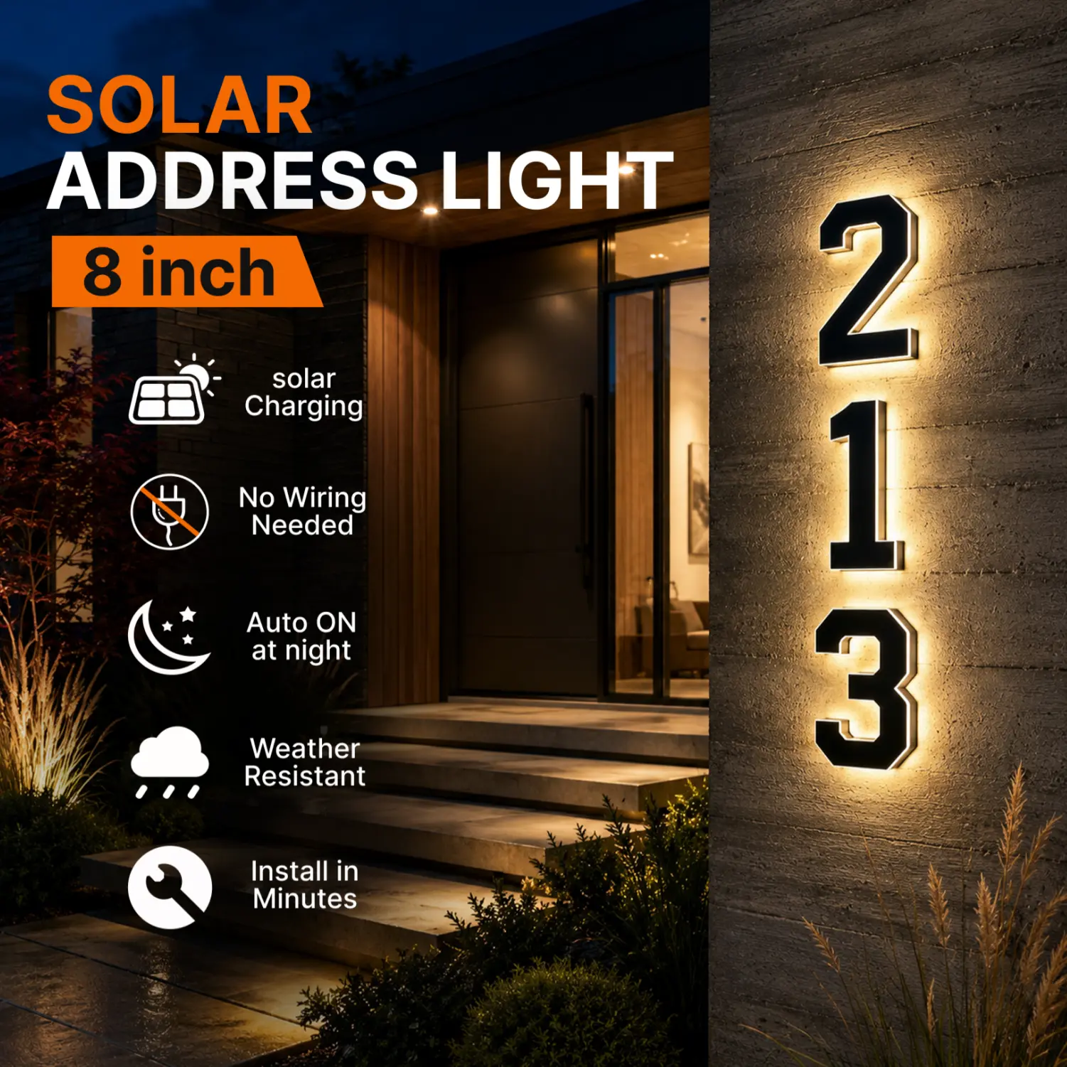 8 Inch Solar Powered House Numbers for Outside, IP67 Waterproof LED Backlit Address Numerals, 2-in-1 Light Color (Warm/White), Auto Dusk to Dawn Sensor, Wall Mount Sign for Home Exterior, Easy Install, No Wiring, Delivery & Emergency Friendly