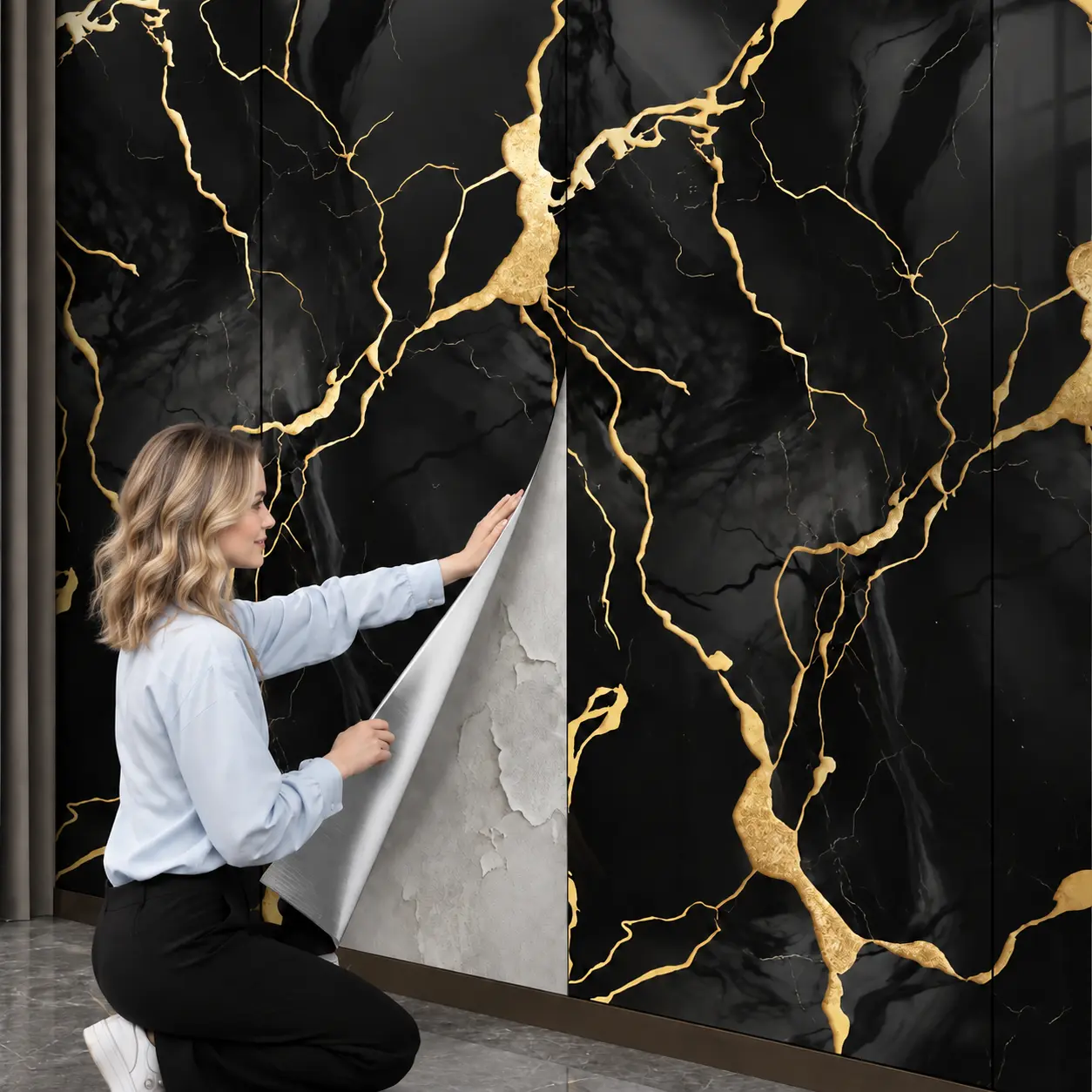 Black and Gold Marble Peel-Stick Wallpaper - 2.3mm Thick Waterproof Contact Paper, Adhesive Film Wall Stickers & Murals for Apartment Decor