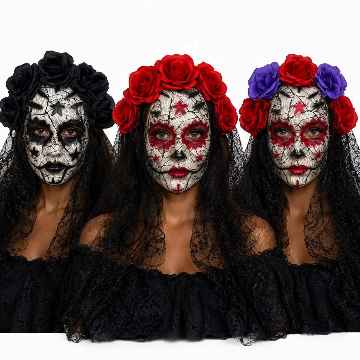 Mexican Day of the Dead Skull Mask, Rose Crown Lace Veil Masquerade Mask, Halloween Costume Party Stage Show Cosplay Accessory