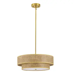 Boho Rattan & Linen 17" Semi Flush Mount Ceiling Light Double-Layer Drum Pendant Lamp Brass Finish Farmhouse Coastal Chandelier for Bedroom Living Room Entryway