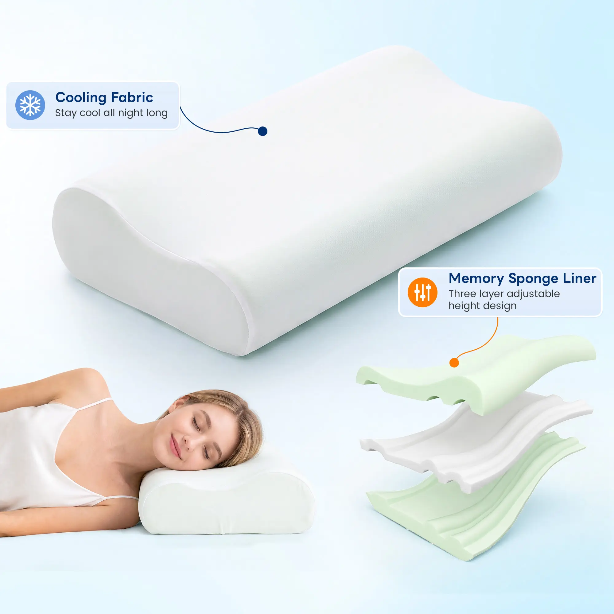 Raybee Adjustable Height Cervical Neck Pillow with Cooling Cover, Ergonomic Contour Memory Foam Pillow for Cozy Sleeping, Neck Pain Relief , Side, Back,and Stomach Sleepers,Queen Size
