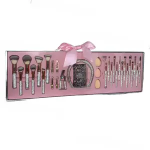 New best-selling 32-piece luxury diamond-encrusted makeup brush set with hairband, hair clips, eyelash comb, and makeup sponge storage container.