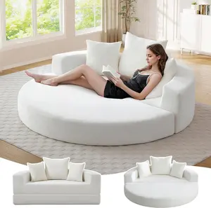 67” Oversized Round Sofa Bed, 2 in 1 Convertible Circle Bed Folding Futon Lazy Floor Round Chaise Lounge Chair Comfy Corduroy Boneless Loveseat Couch for Living Room Apartment No Assembly (Beige)
