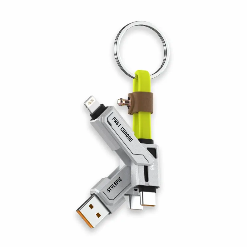 STYLEPIE 240W Nylon Fiber 4-in-1 Short-Section Portable Keychain Data Cable - UK Type, PD27W Speed Fast Charging & Sync, Electronic Cable for iPhone/Android, Huawei, Smartphone, Type-C with Manufacturer Warranty, Cellphone