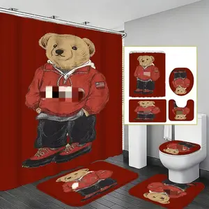 1pc/4pcs Cute Bear Theme Shower Curtain Set, Luxury Fashion Bathroom Decor, High-Quality Bath Accessories, Shower Essentials, Perfect for Luxurious Home, Bathroom Decoration Accessories
