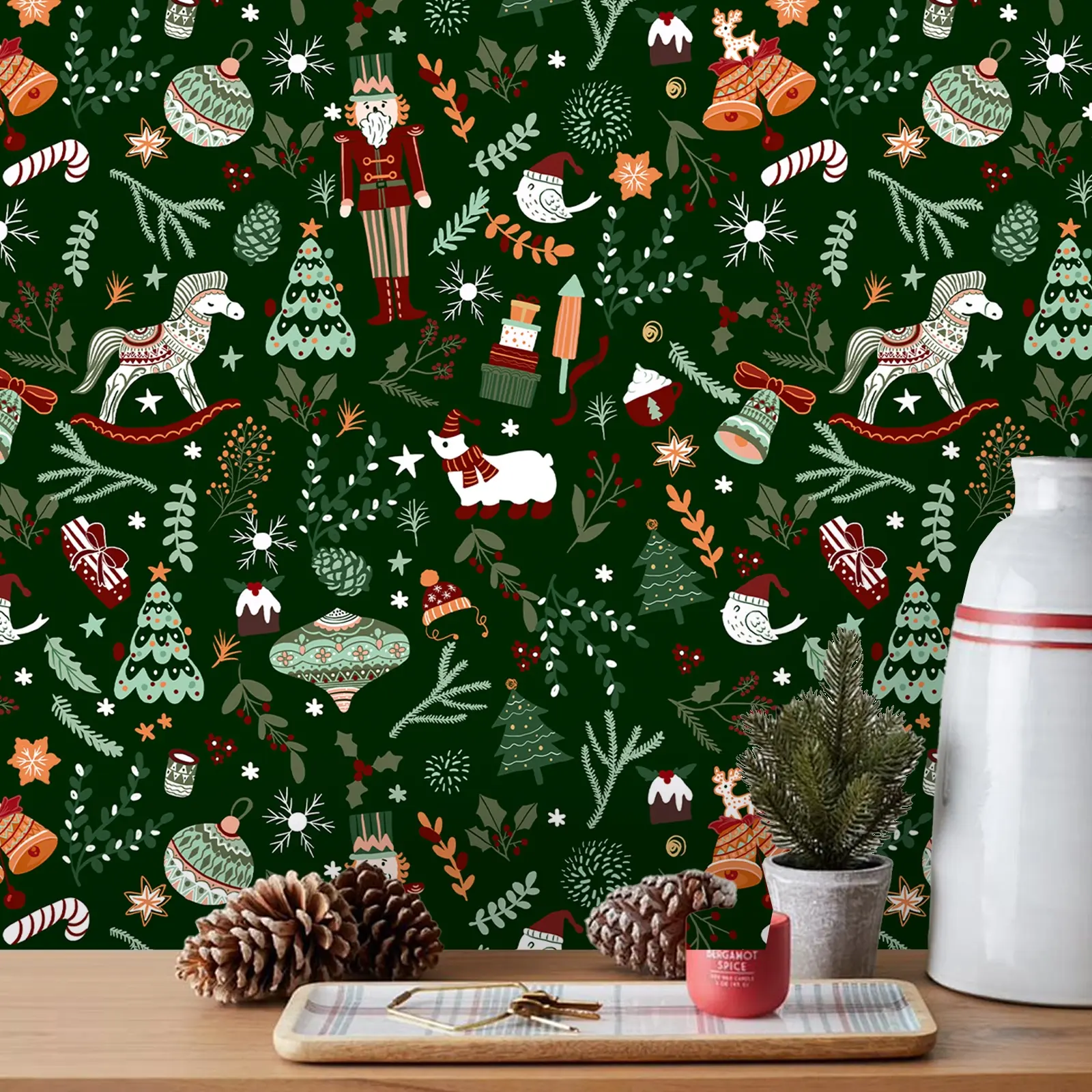 Christmas Theme Self Adhesive Wallpaper Roll, Waterproof Vinyl Wall Paper with Tree, Snowflakes, Bells Design, Home Decor Gift Wrapping