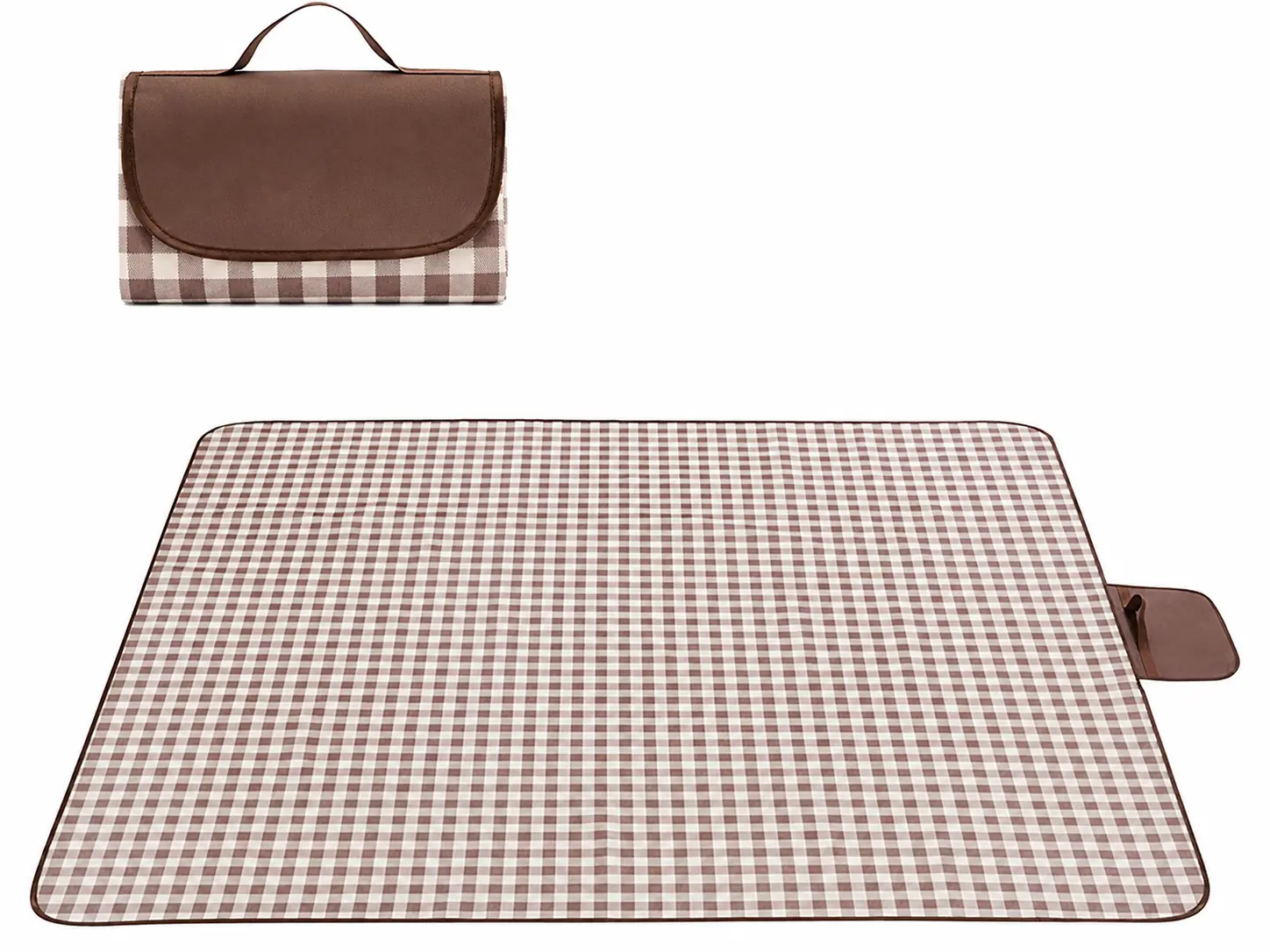 Foldable Picnic Blanket with Waterproof PE Backing, 59 x 71 in Acrylic Outdoor Mat with Carry Strap for Beach, Camping, Park & Picnics, Coffee Grid, 1 Mat