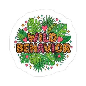 Wild Behavior sticker | Leopard Text Tropical Leaves kiss-cut sticker