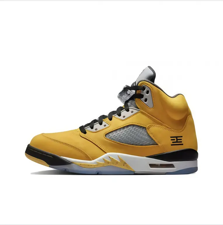High top basketball sneakers mustard yellow nubuck upper black graphic logo grey mesh panel white speckled midsole translucent icy outsole vintage retro street style padded ankle unisex sport footwear