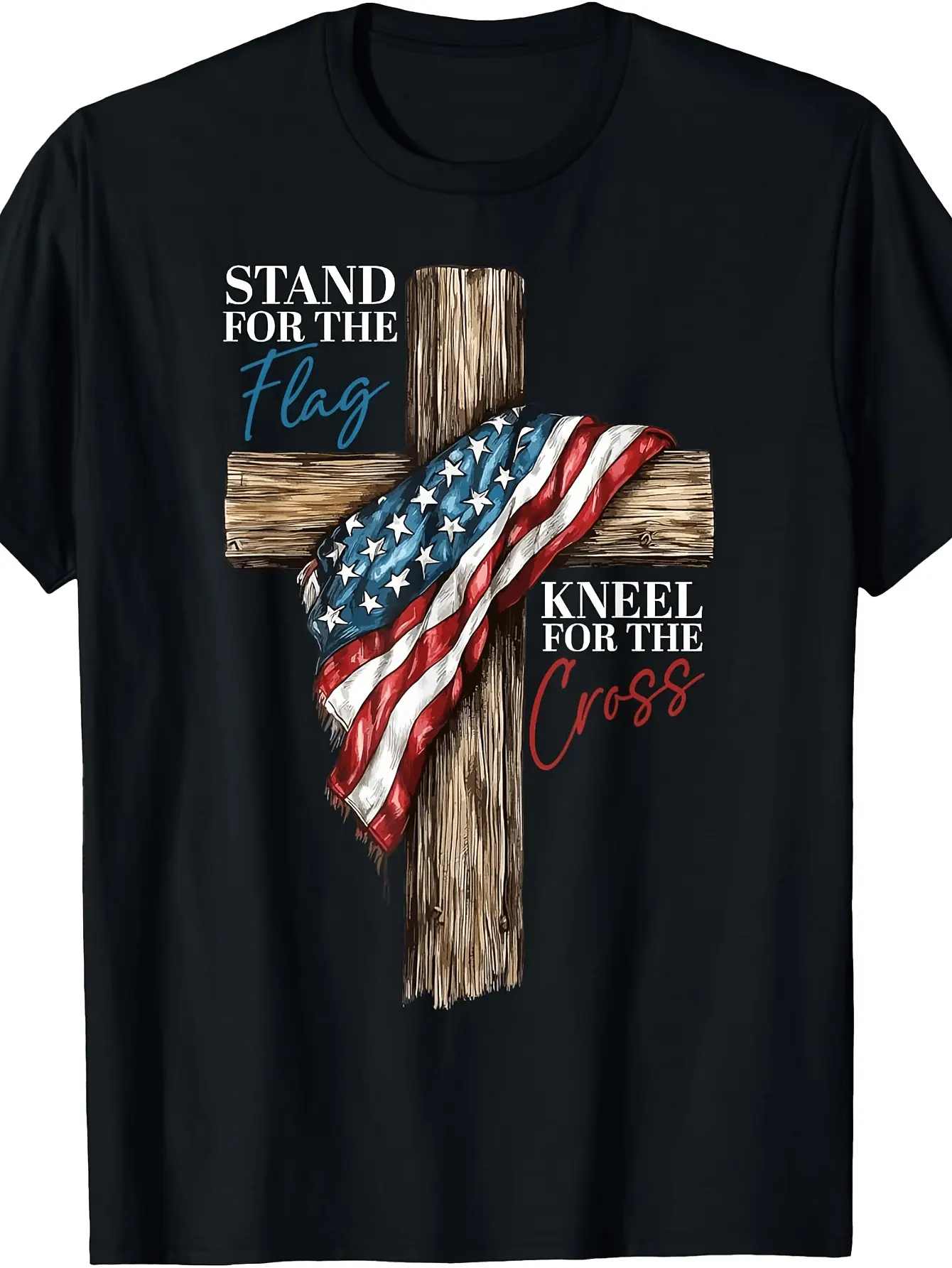 Retro Patriotic T-Shirt - Stand for The Flag & Kneel for The Cross, Faith Apparel Suitable for Church, National Events, Casual Wear, Machine Washable Religious Tee