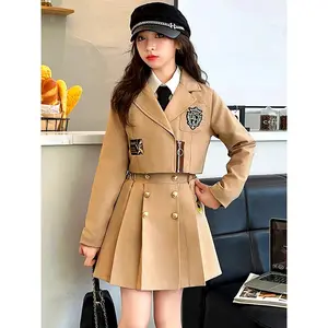 Girls Plaid Blazer Skirt Set 2025 New Arrivals, Classic Preppy Uniform 2 Piece Outfit, Timeless School Boyish Style Blazer with Pleated Skirt for Teenager