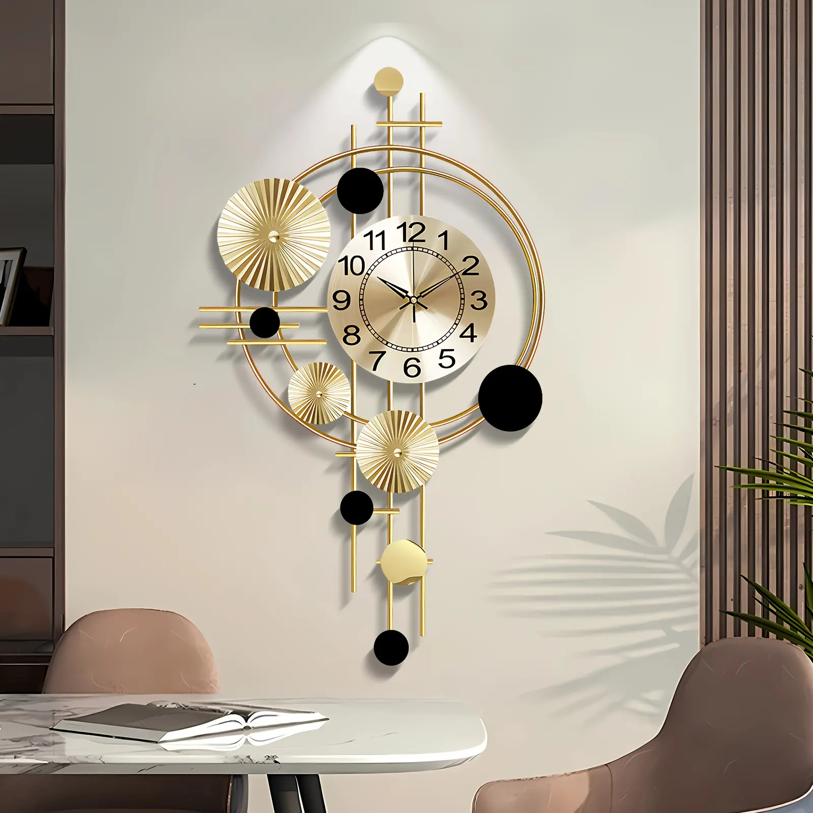 Gold Modern Metal Wall Clock, 31 * 18 Inch Big Home Decorative Wall Art Clocks With Pendulum, Creative Golden Round Timepiece For Living Room Bedroom Kitchen Office Hotel Decor