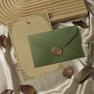 Vintage Leather Color Rabbit Stationery Set, Olive Envelopes, European Wax Seal, Perfect for Birthdays, New Year, Invitations, Handwritten Letters, Postal Supplies