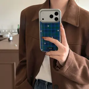 Silver Color Dripping Glue Blue Grid Star Phone Case for Apple iPhone 17 Pro Max, Creative Fashionable Mobile Cover Accessories