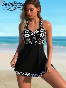 Briza｜Halter Swimdress One Piece Swimsuit In Black White Floral Print With Vacation Swimwear For Women Style, A Flattering Bathing Suit And Swimsuit For Women With Tummy Control Swimwear For Beach Vacations And Confident Resort Days