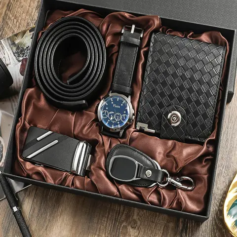 Men's Business Fashion Watch & Wallet & Belt & Keychain Set, Watches for Men, Casual Trendy Watch Set for Men, Exquisite Watch Set for Birthday Gift, Accessory Sets