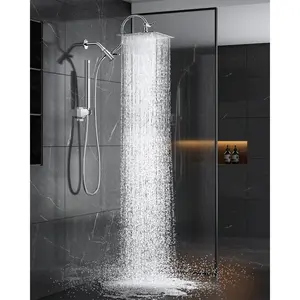 Metal Dual Shower Heads Combo with Curved Extension Arm, 10" Rain Shower  with Handheld , Square Adjustable Rainfall Showerhead System, 71" Extra Long Shower Hose, Chrome