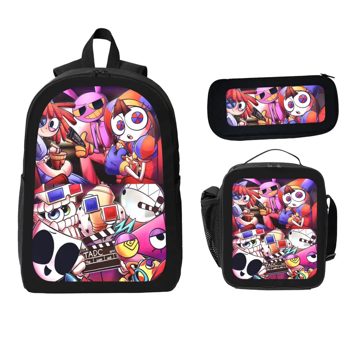 Back to School Gift, Halloween Gift, Christmas Gift - Glitchy Digital Circus & Jester Graphic 3-Piece School Backpack Set, Carnival Monster Bookbag, Lunch Box & Pencil Case for Daily School, Anime Fans & Holiday Surprise