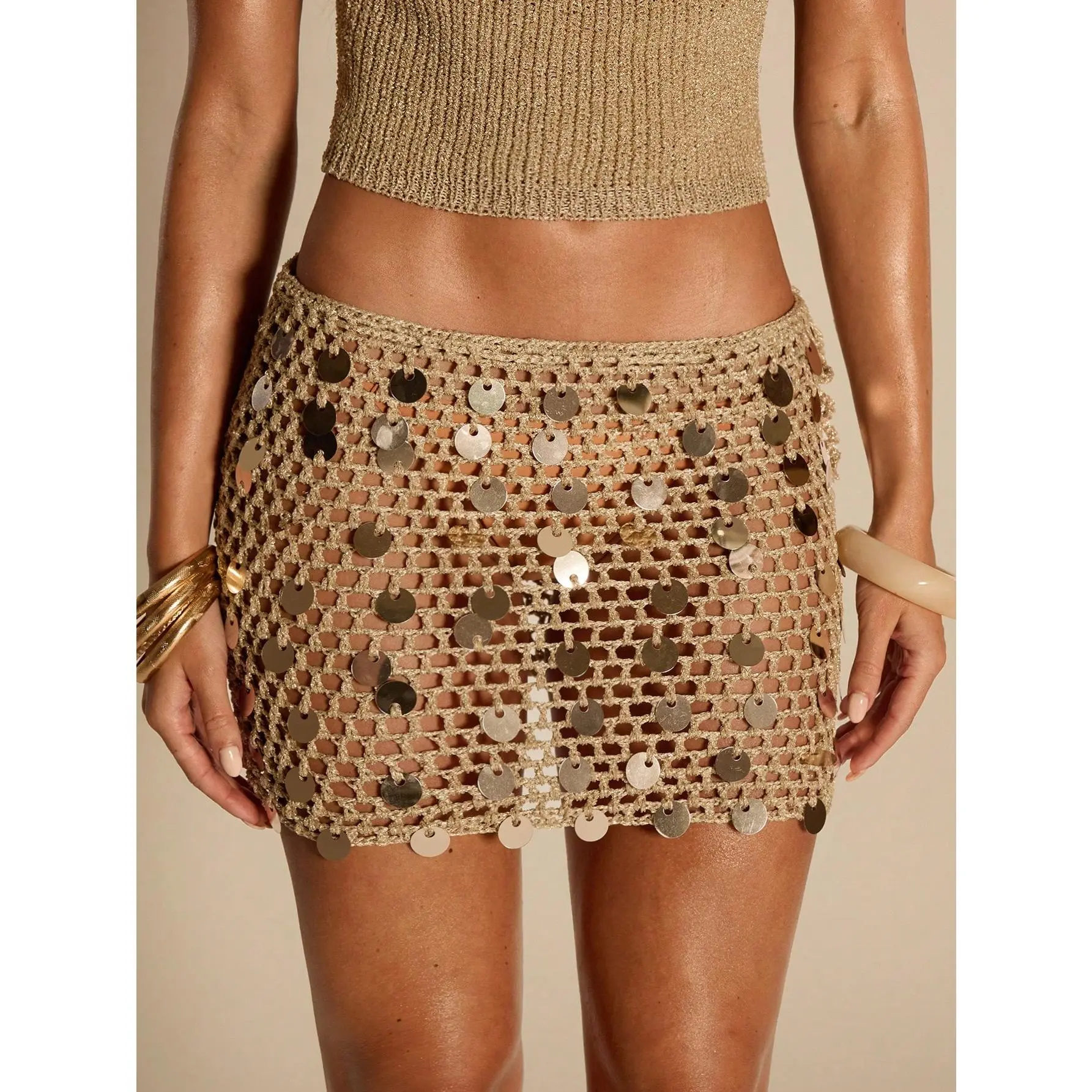 Crochet Sequin Saparkly Mini Skirt Beach Cover Up Low Waist Party Y2k Skirts Swimsuit Coverup