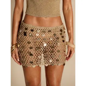 Crochet Sequin Saparkly Mini Skirt Beach Cover Up Low Waist Party Y2k Skirts Swimsuit Coverup