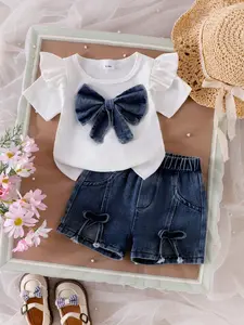 Baby Girl Summer Fashion 2-Piece Set, 3D Denim Large Bow Short Sleeve T-Shirt and Split Front Denim Shorts, Cute Toddler