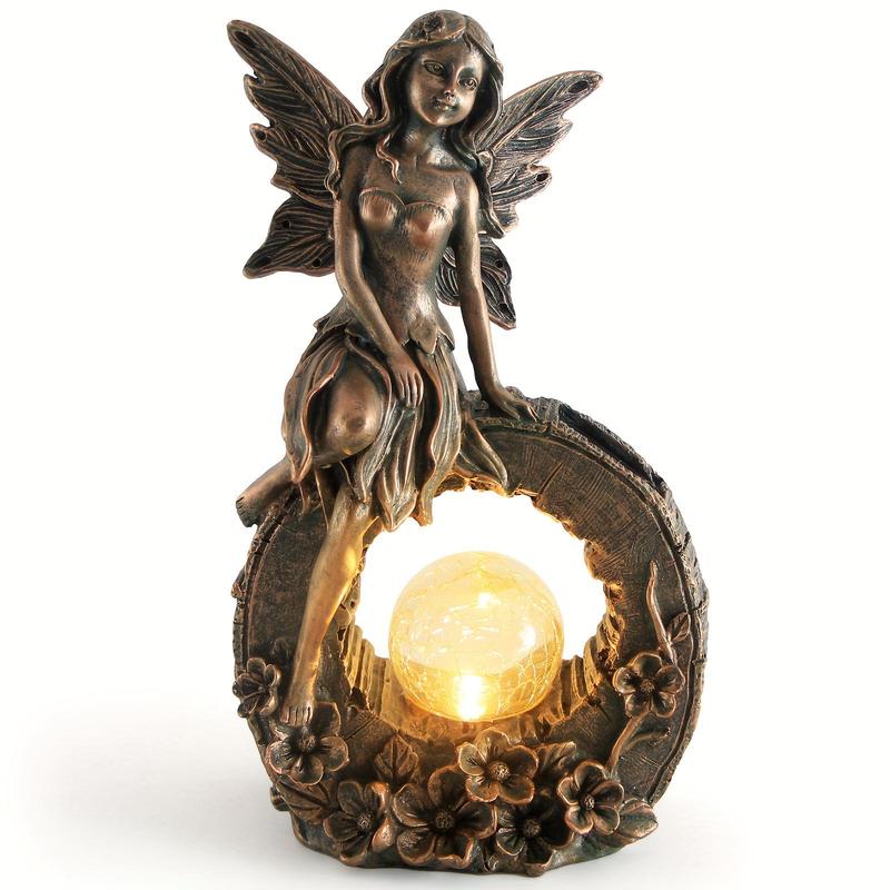 10.7 Inches Garden Outdoor Statue, Flower Fairy Decor, Solar Powered Resin Figurine, Light Sculpture For Yard Lawn Patio Balcony Decoration, Housewarming Gift