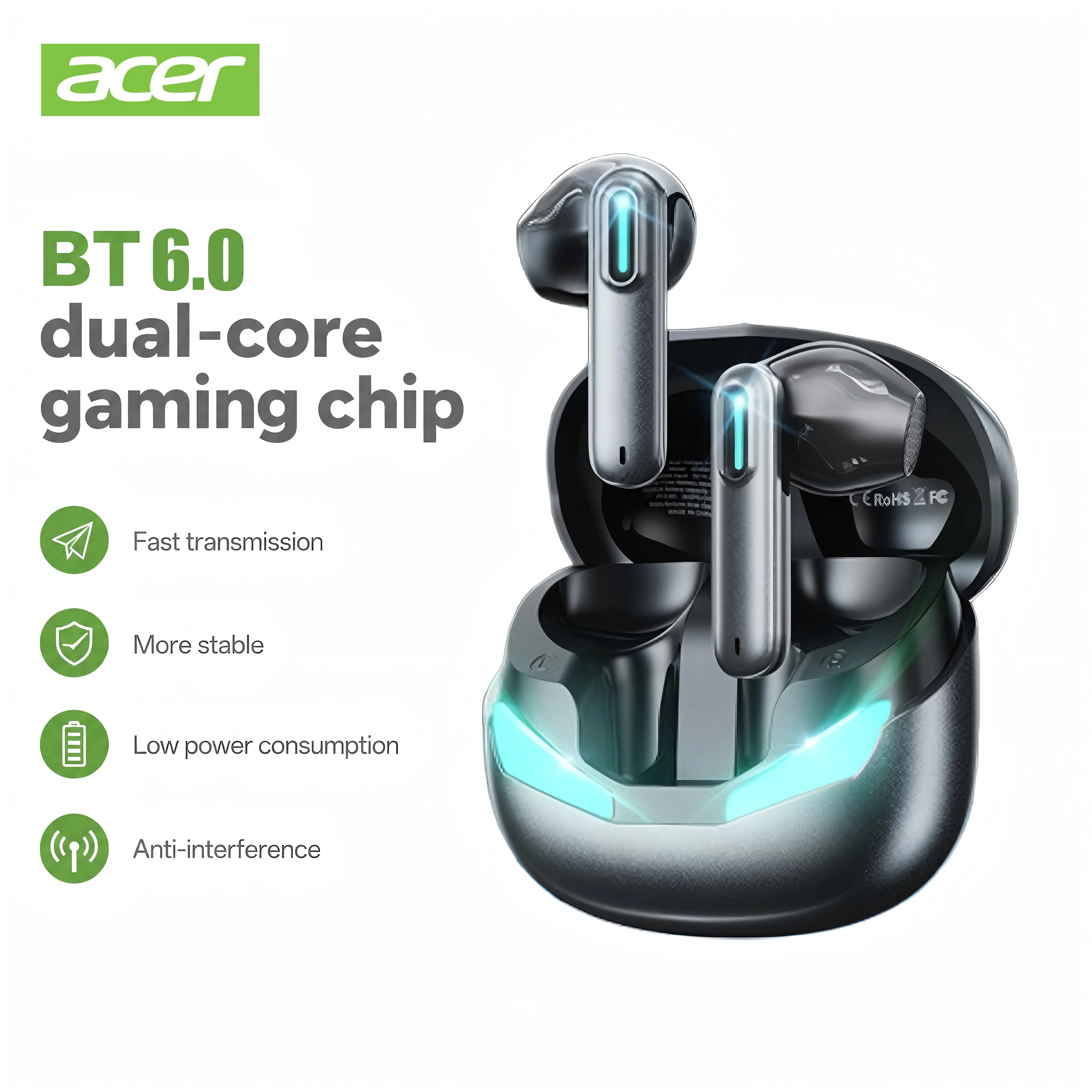 Acer OHR800 Wireless Earbuds Bluetooth 6.0 Gaming Headsets High Fidelity IPX5 Waterproof, Suitable for Office, Sports, Study and Audio Calls, Built-in Microphone, TWS Earphones