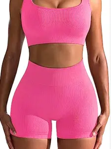 Yoga Woman Seamless Women's Casual Sportswear Set, Square Neck Yoga, Ribbed Bra Top & Shorts, Ideal for Exercise & Leisure Activities, Perfect for Sports Fashion, Workout Sets