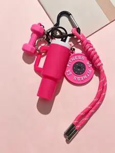 Cute Dopamine Fitness Tumbler Keychain Set Gym Water Bottle Charm With Dumbbell and Weight Plate Sporty Aesthetic Bag Accessory For Girls