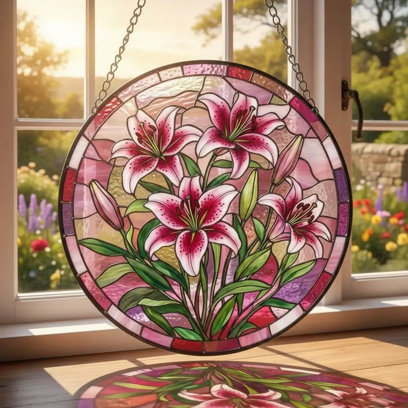 Stargazer Lily Flower Stained Glass Suncatcher: Floral Window Glass Decor, Gift for Her, mother's day gift