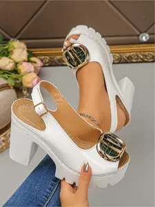 Retro style Stylish chunky platform slide sandals for women, Velcro waterproof platform mules high heels, summer commuting party height increasing sandals