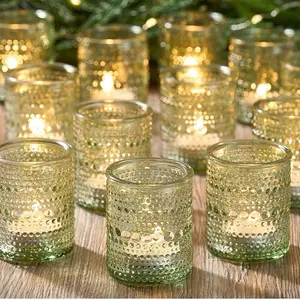 24 Pack Clear Glass Votive Candle Holders Vintage Tealight Holders for Floating Candles Green Decorative Table Centerpieces for Home Bridal Showers Birthdays Christmas