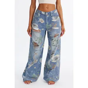 Blooming Love Floral Ripped Wide Leg Jeans - Medium Wash