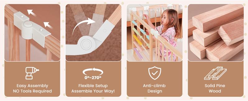 Naudacaa Baby Playpen & Safety Gate, 6/8/10 Panels  Foldable Pine Wood Play Yard with Child-Proof Lock, Easy-Assembly Baby Fence for Indoor Safe Play