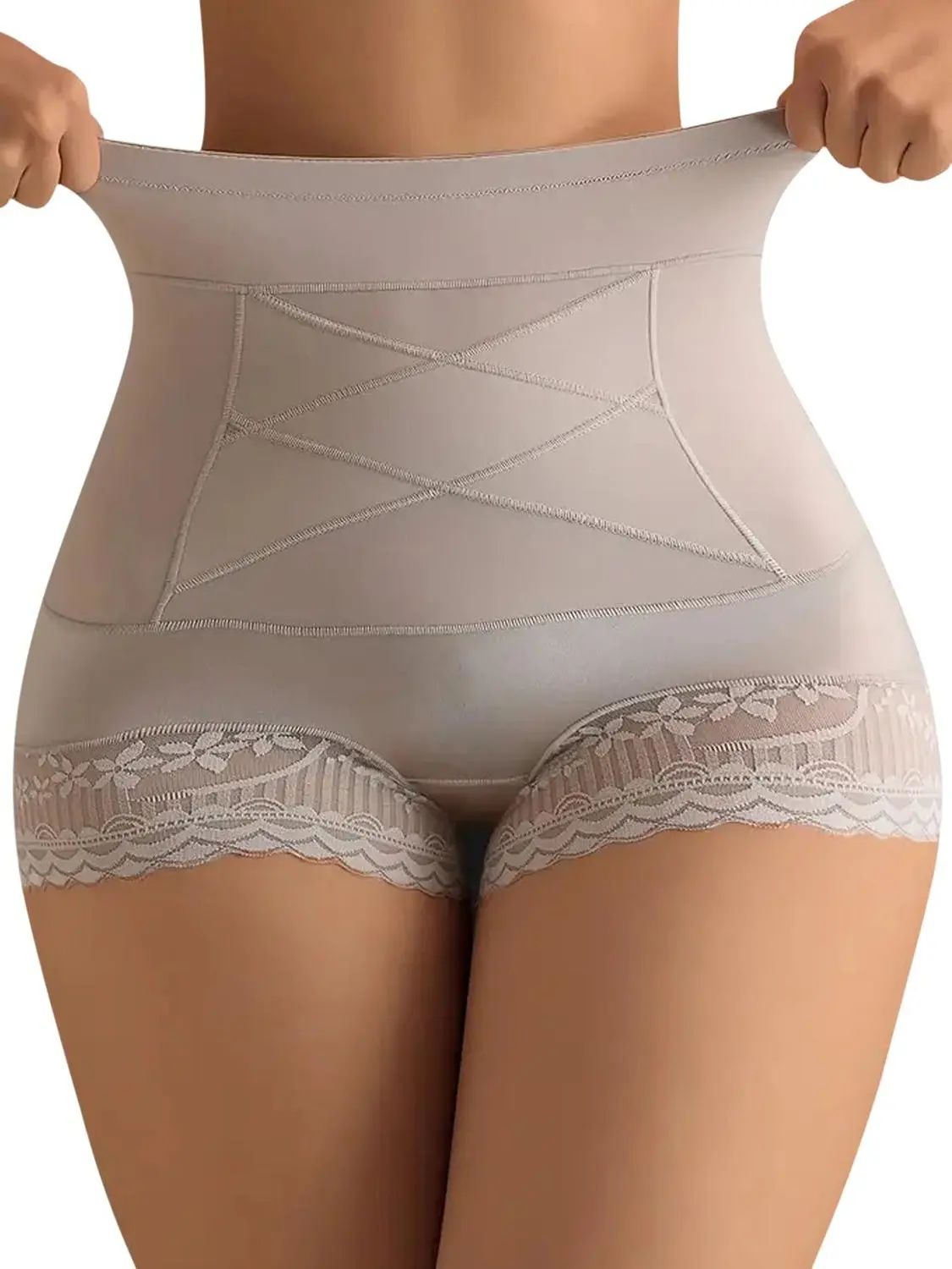 JUQDNX Women's High-Waisted Mid-Waist Shapewear Boy Shorts - Polyester Blend Soft Stretch Tummy Slimming Butt Lifter with Lace Trim, Crisscross Panels, Wide Elastic Waistband, Breathable Seamless Lightweight Compression Bottom for Wedding