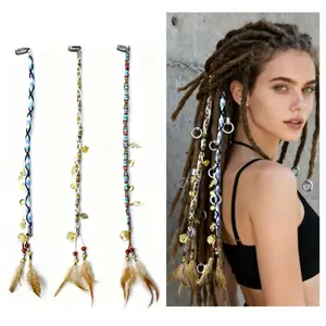 3 count Clip in Dreadlock Extensions Boho Hair Accessory -  & Beads Pendant Dread Wrap,  Colorful Hippie Hair Accessories for Dreads, Braids & Curls