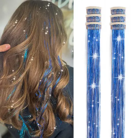 Women’s 20in Glitter Hair Tinsel Kit - 6-Pcs Clip-In Durable Lightweight Sturdy Silk-Smooth Synthetic Extensions, Heat-Resistant Sturdy Grip Accessory for Daily Use, Costumes (Blue)