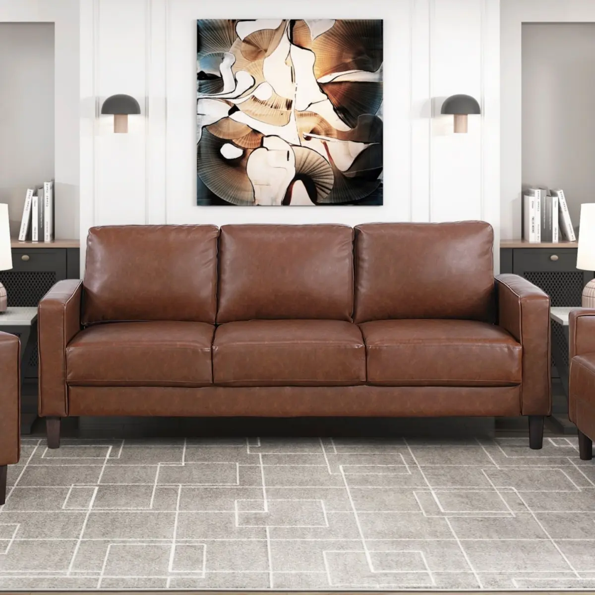 Industrial Modern Rustic Contemporary 3-Seat Chocolate Faux Leather Sofa Couch - 77.00x32.50x33.50in, 93.50 lbs, Track Arms, 300lbs per Seat, Foam Cushion Back, Solid Wood Frame, Assembly Required, 1pc Indoor Living Room Furniture