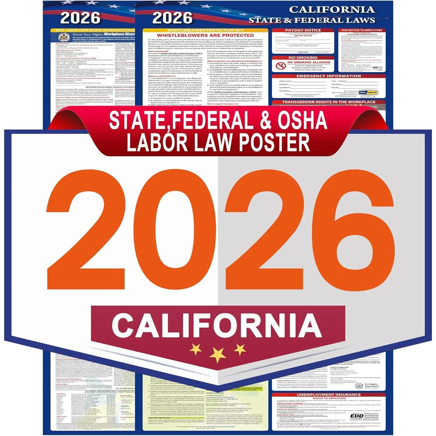 2026 California State & Federal Labor Law Updates Poster Set - OSHA Compliant, UV-Laminated, 17"x40" English Synthetic, Long-Lasting Durable, 2-Count Folded Compliance Posters