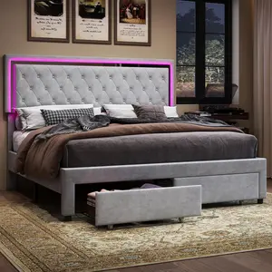 AMERLIFE Bed Frame with Two Storage Drawers & LED Headboard Acrylic Mirrored, Velvet Upholstered Platform Bed No Box Spring Needed Furniture Luxury