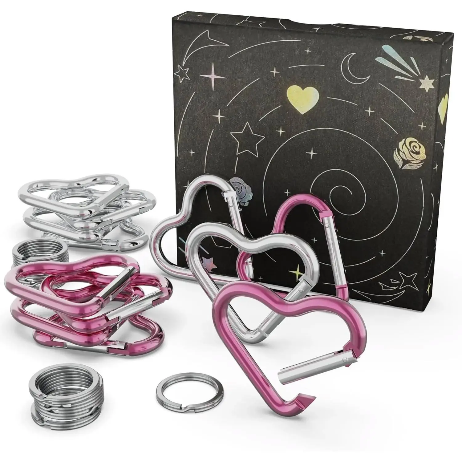 12Pack Heart Carabiner, Cute and Small Clips for Keychain and Keyring, Aluminum Snap Hooks, 24pcs (6Pcs Pink, 6Pcs Silver,12Pcs Flat Key Rings)