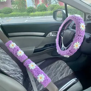 Crochet Car Steering Wheel Cover & Seat Belt Cover, Handmade Crochet Car Interior Decoration, Car Interior Accessory, Car Accessories for Women, Car Decoration Accessories