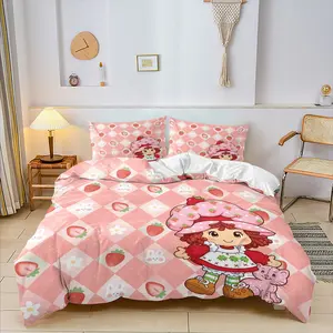 Strawberry Shortcake & Cartoon Girl Theme Patterns Duvet Cover Set and 1-2 Pillowcases No Core, Sweet Cartoon Girl Style Bedroom Decoration, Cute Girly Bed Set for Teen Bedroom, Perfect Gift for Cartoon Lovers