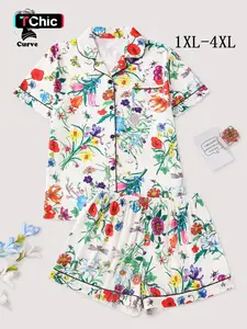 【Plus Size】Floral Print Pajama, Lady Casual Comfy Short Sleeve Lapel Neck Button Up Top & Elastic Waist Shorts Pj Set, Women's Sleepwear for Summer, Loungewear, Bohemian Womenswear, Pajamas Lounge Set, Cute Pajama Sets