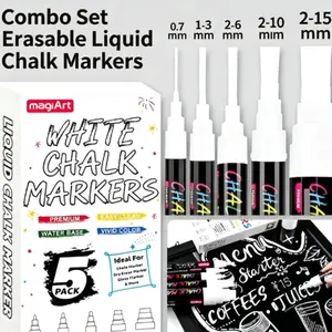 5 Pack White Liquid Chalk Markers – 5 Nib Sizes (0.7, 3, 6, 10, 15mm), Erasable & Washable Window Markers for Glass, Car Windows, Chalkboard, Menu Boards & Signs, Non-Toxic, Dust-Free for Home & School