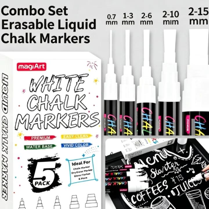 5 Pack White Liquid Chalk Markers – 5 Nib Sizes (0.7, 3, 6, 10, 15mm), Erasable & Washable Window Markers for Glass, Car Windows, Chalkboard, Menu Boards & Signs, Non-Toxic, Dust-Free for Home & School