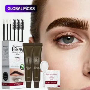 Henna Brow Dye Color Cream Set, Eyebrow Tinting Kit, Eyebrow Products, Tinted Eyebrow Cream, Includes 1 Long-Lasting Brow Tint Cream, 1 Brow Developer, 3 Lip Brushes, 3 Mascara Brushes, 1 Paste Spoon & 1 Pair Disposable Gloves, Summer Makeup Cosmetic Set