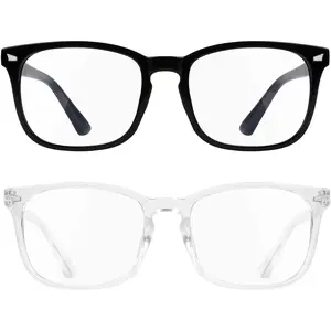 Blue Light Filtering Glasses for Men and Women, 2 Pack Non-Prescription Computer Glasses for Screen Use, Lightweight Fashion Eyeglasses for Office, Reading and Gaming, Black & Clear